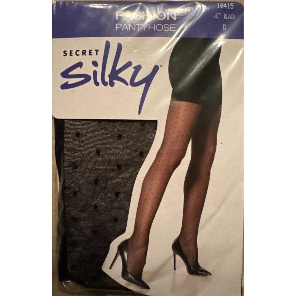 Secret Silky Fashion Pantyhose by Gildan " Jet Black w/ dot design" New Packaged